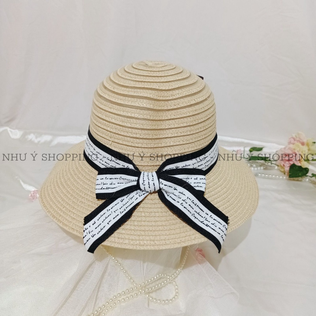 Nón cói,mũ cói nữ đi biển vành nhỏ phối lưới nơ viền sọc in chữ tiểu thư sang chảnh-q12m viền sọc chữ