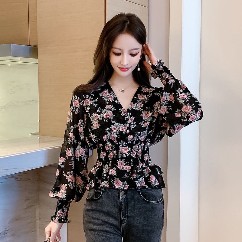 Áo Voan Hoa Tay Bồng Bo Chun Eo Dáng Peplum