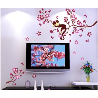 Decal dán tường decal trang trí khỉ đu cành đào BINBIN EB78 (Có keo sẵn)