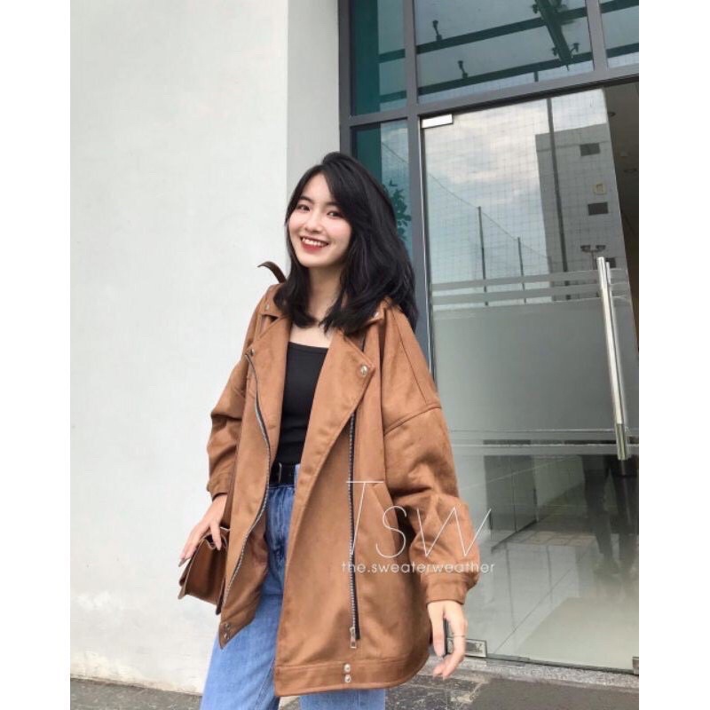 Áo Da Nữ- Áo Khoác Da Dáng Rộng Chất Da Lộn Không Bong Tróc Ulzzang