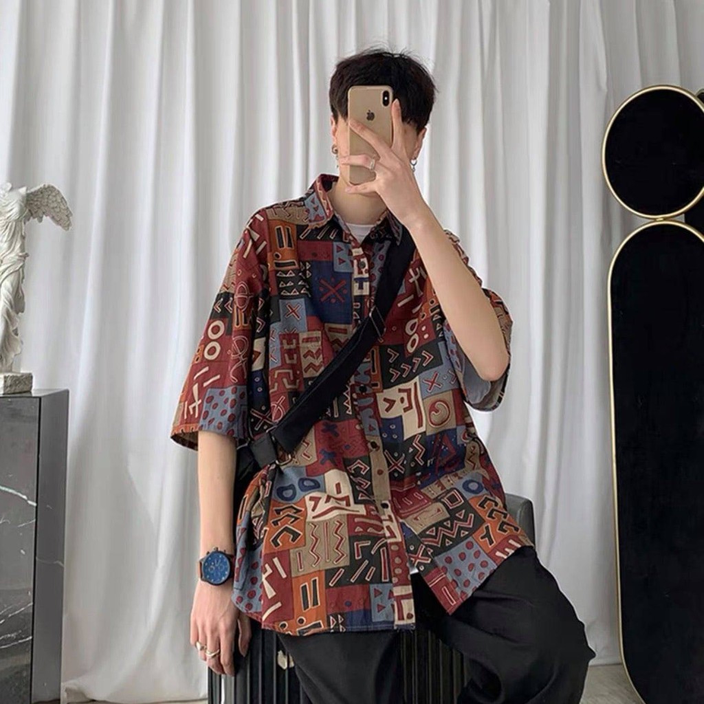 Áo Sơ Mi Nam Cộc Tay Họa Tiết Thổ Cẩm Chất Lụa Cao Cấp,Sơ Mi Dáng Rộng Phong Cách | BigBuy360 - bigbuy360.vn