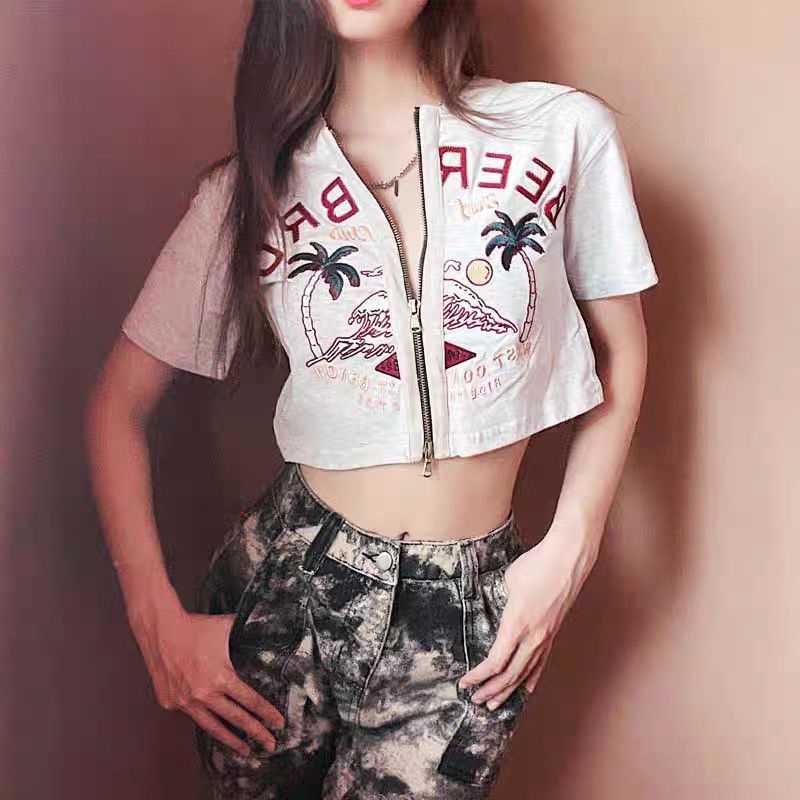 Áo Thun Cotton Ngắn Tay Thêu Họa Tiết Retro Mỹ Thời Trang Cho Nữ