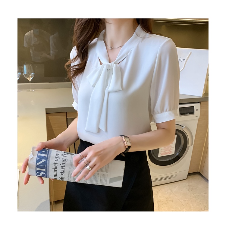 Áo sơ mi cổ thắt nơ màu trắng, hồng, tay phồng ngắn, thời trang công sở nữ Quyên fashion AA580