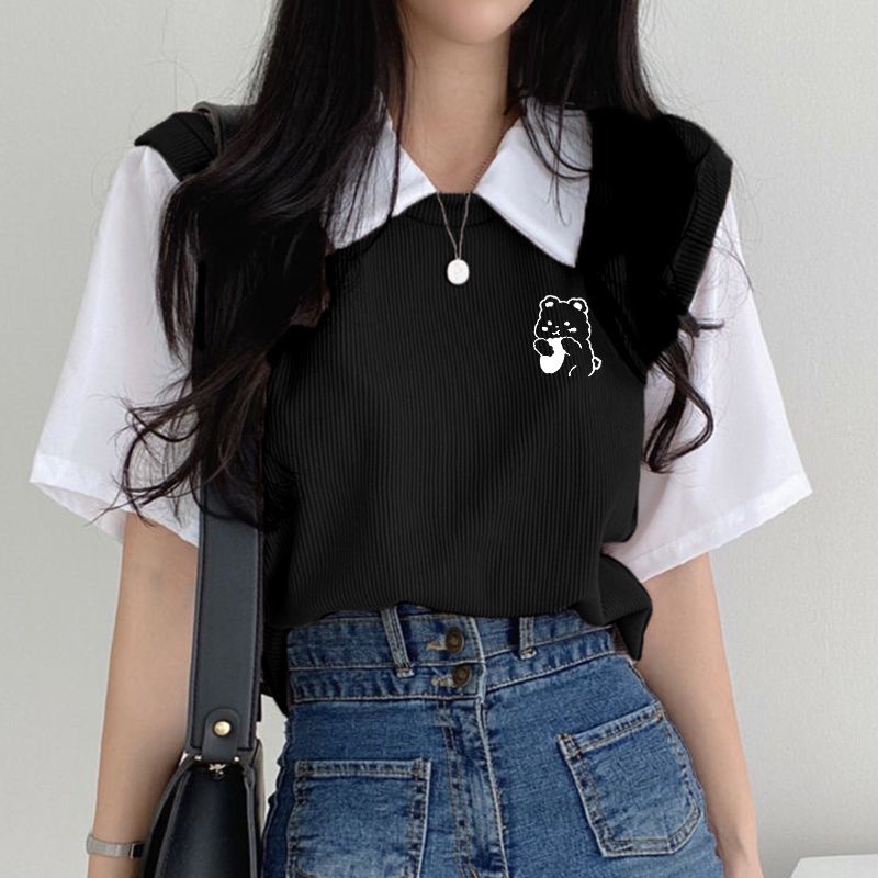 Áo polo Giả Hai Lớp Tay Ngắn Dáng Rộng Màu Sắc Tương Phản Thời Trang Dành Cho Nữ