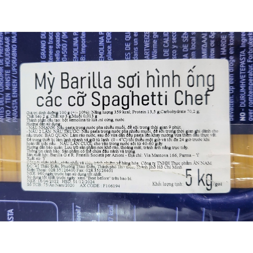 [TÚI LỚN 5Kg] MÌ Ý SỐ 5 (HORECA) [Italia] BARILLA No 5 Spaghetti Chef Pasta