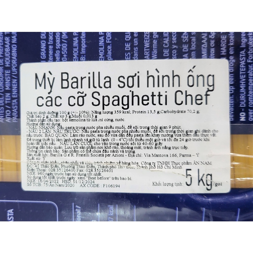 [TÚI LỚN 5Kg] MÌ Ý SỐ 5 (HORECA) [Italia] BARILLA No 5 Spaghetti Chef