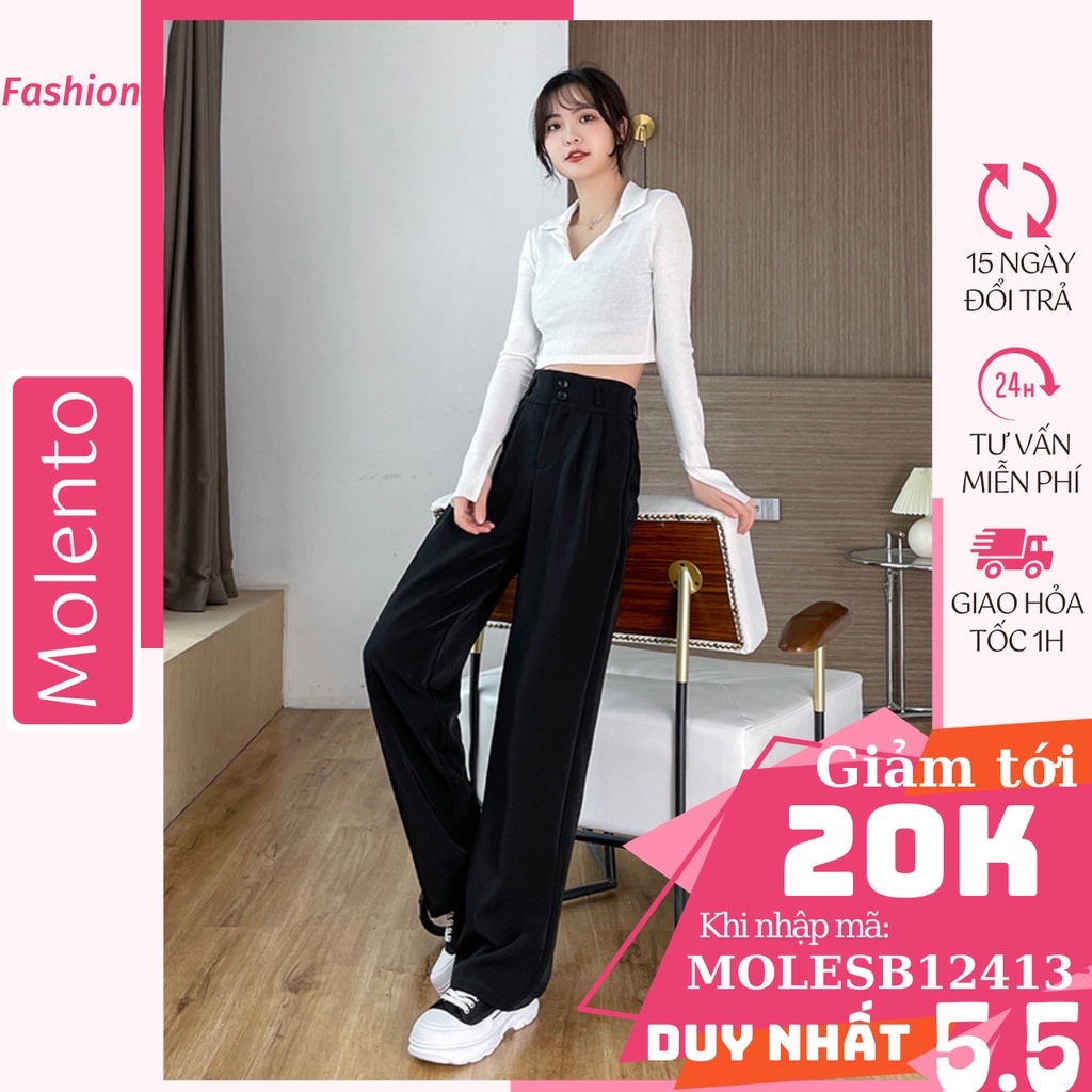 Quần Ống Rộng Suông Lưng Cao Khóa Trước Hai Cúc Vải Tuyết Mưa Ôm Eo Tôn Dáng Phong Cách Hàn Quốc Trắng Đen Molento M08