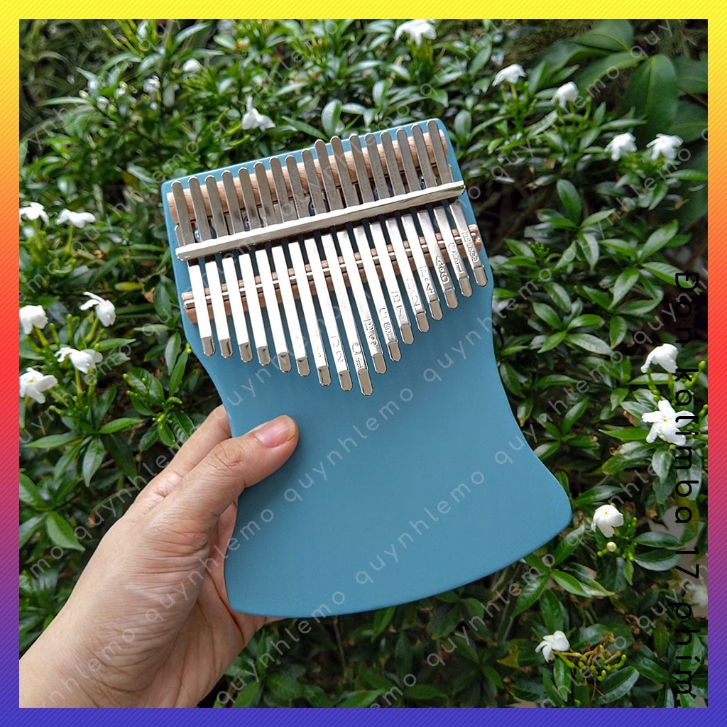 Đàn kalimba 17 phím gỗ tấm màu xanh QUNHLEMO, Kalimba 17 phím dáng khuyết gỗ nguyên khối tặng phụ kiện