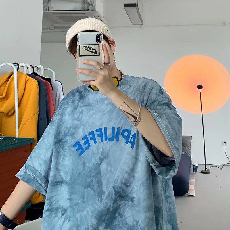 Áo thun thể thao tay lửng dáng rộng in chữ màu nhuộm thời trang sành điệu cho nam 4 màu size M-5XL