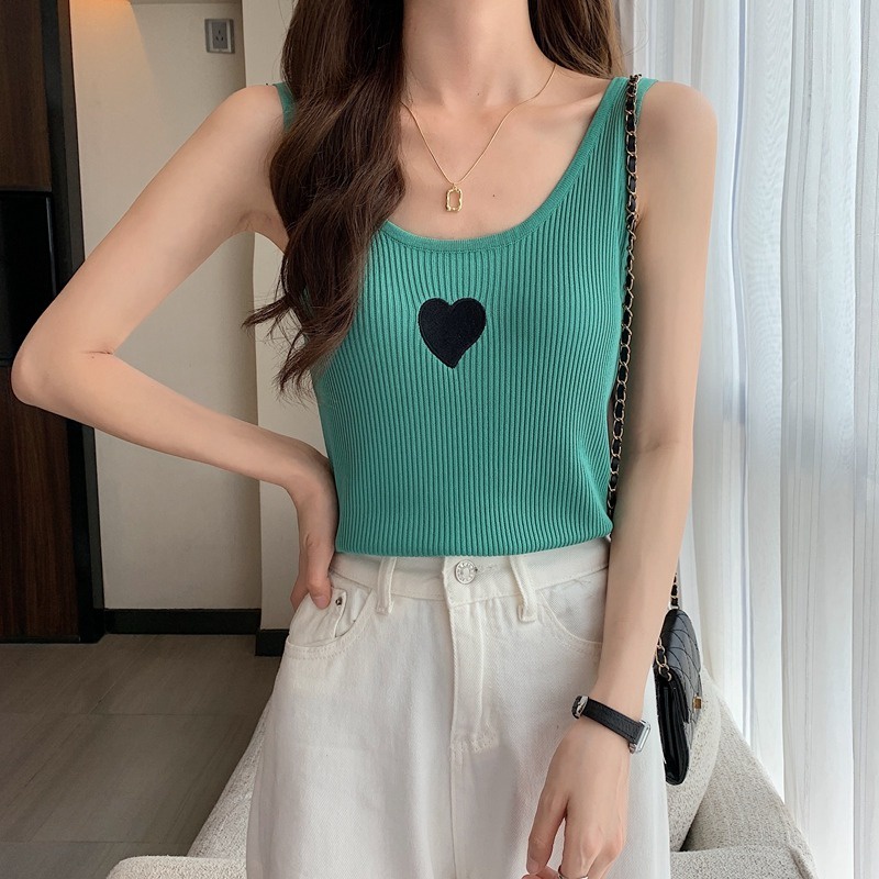 Áo không tay ZHELIHANGFEI dệt kim thêu họa tiết trái tim hở lưng xinh xắn