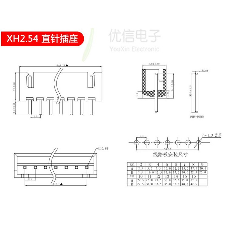064 > XH2.54 Đầu nối thẳng / Pin cong / Vỏ cao su 2-3-4-5-6-7-8-9-10-11-12-13-14-16p