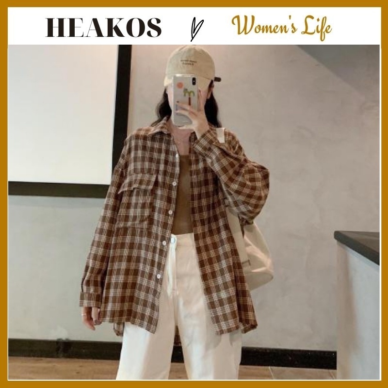 Áo sơ mi nữ form rộng kẻ caro ô nhỏ áo sơ mi nữ unisex Hàn Quốc HEAKOS