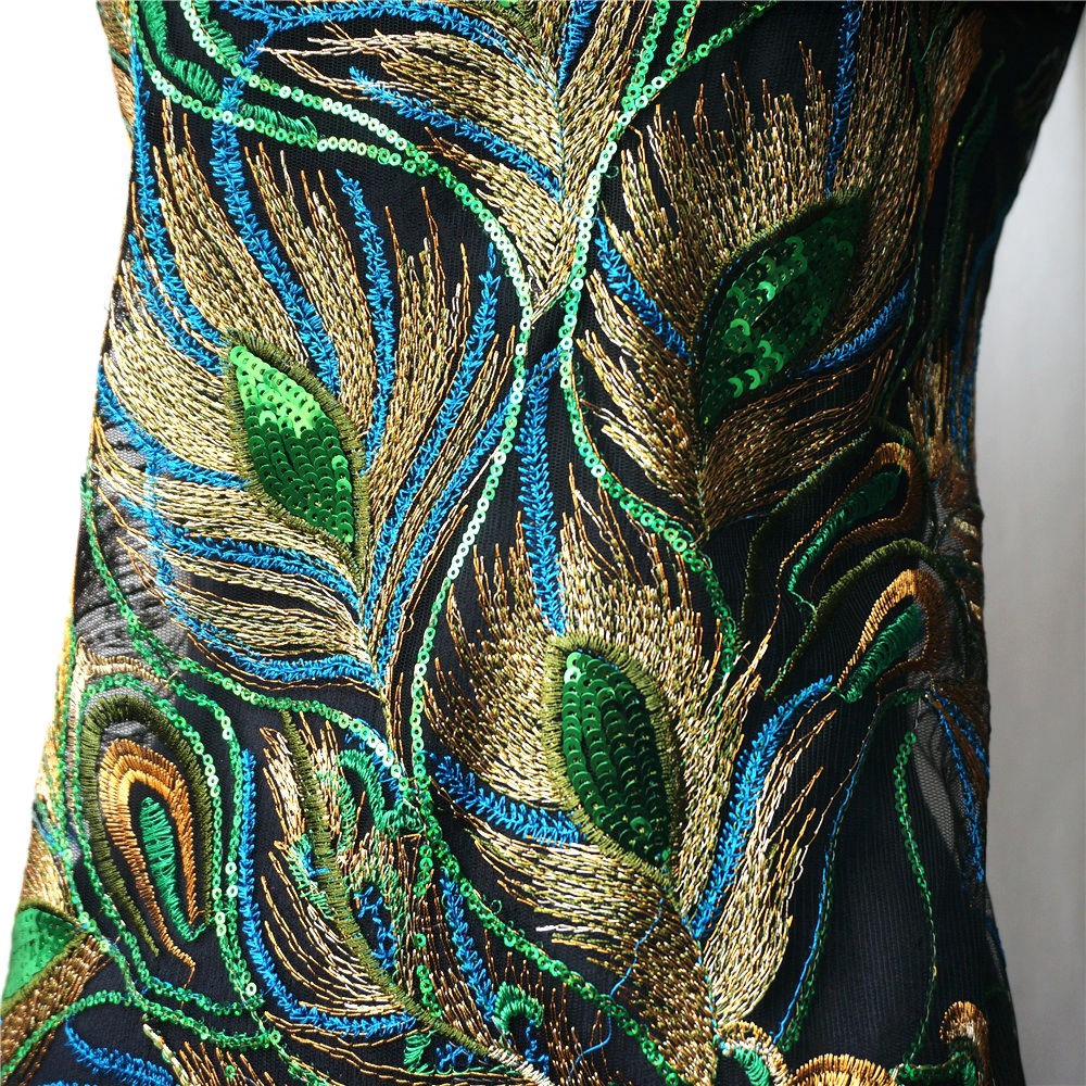 Vải Ren Thêu Hình Lông Công Màu Đen / Xanh Lá Đính Kim Sa Lấp Lánh Trang Trí Váy Cưới diy