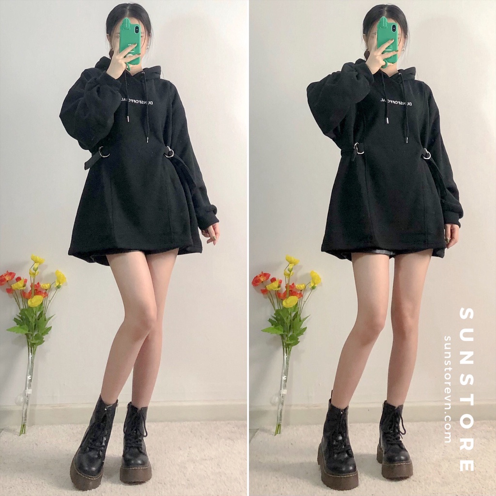 Áo hoodie có mũ tay dài 2 màu xám và đen Ulzzang