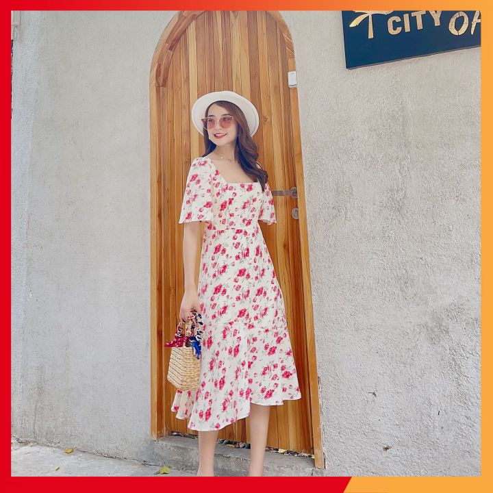 Đầm xòe hoa⚡𝗙𝗥𝗘𝗘 𝗦𝗛𝗜𝗣⚡ Đầm hoa cổ U cúc bọc phối tay cánh tiên siêu che khuyết điểm màu cực ngọt | BigBuy360 - bigbuy360.vn