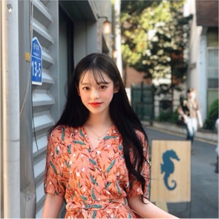 Váy đầm hoa nhí cam thắt eo hàn quốc