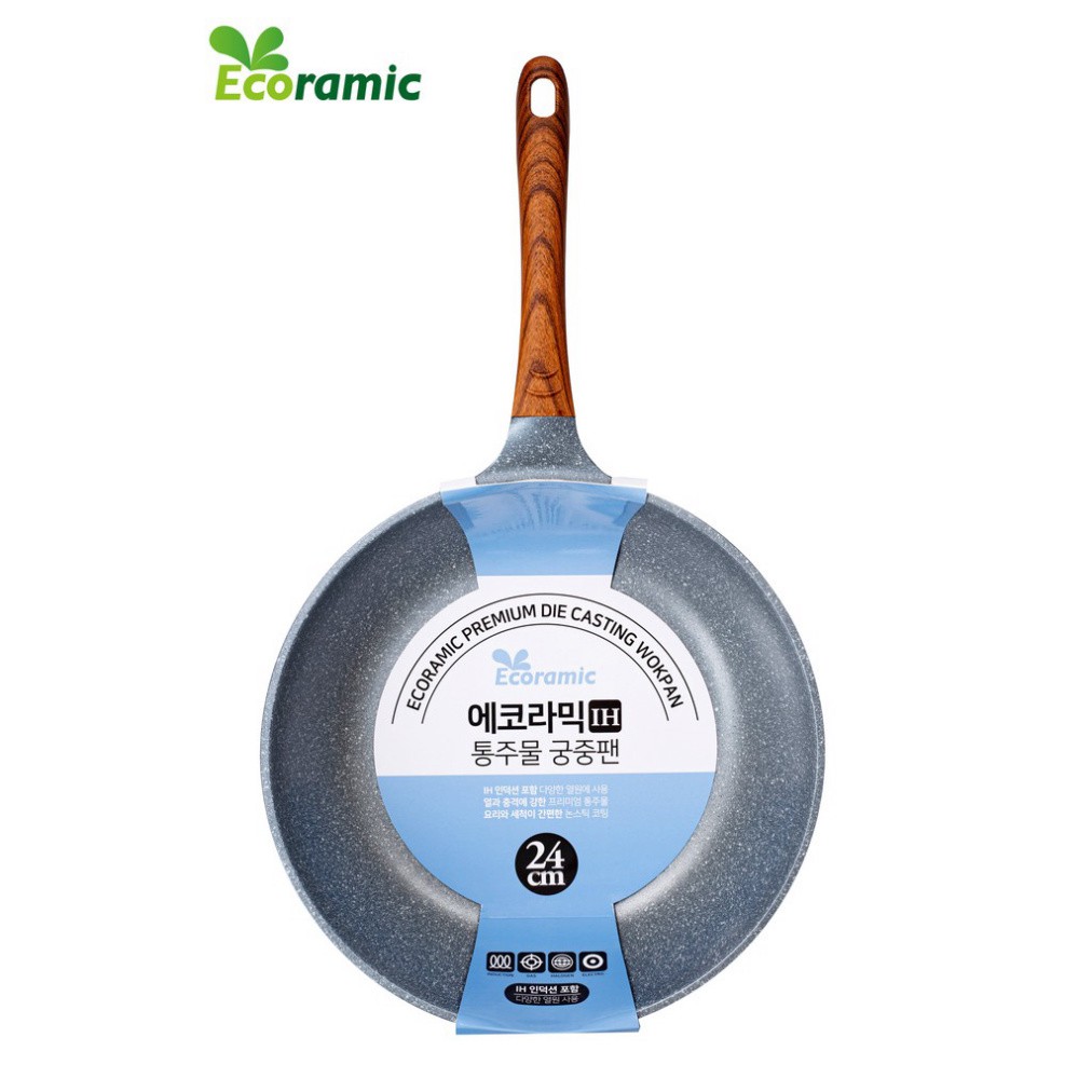 Chảo chiên đúc vân đá chống dính cao cấp  ECORAMIC 26cm / 28cm / 30cm quai gỗ chống nóng