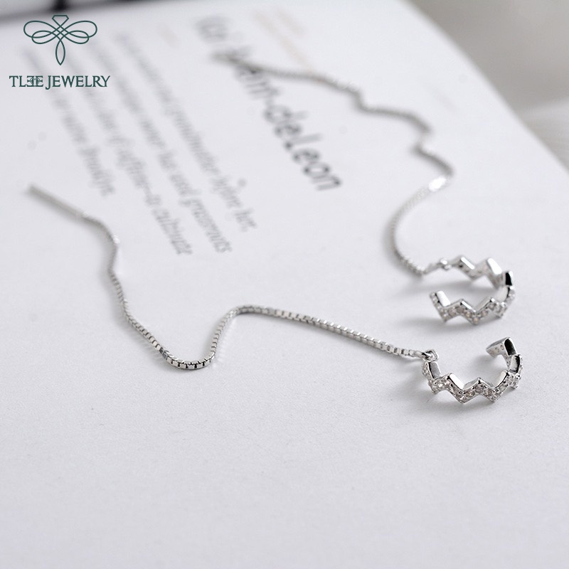 Khuyên tai bạc nữ TLEE dáng kẹp ziczac nạm đá tua dài nữ tính TleeJewelry B0202