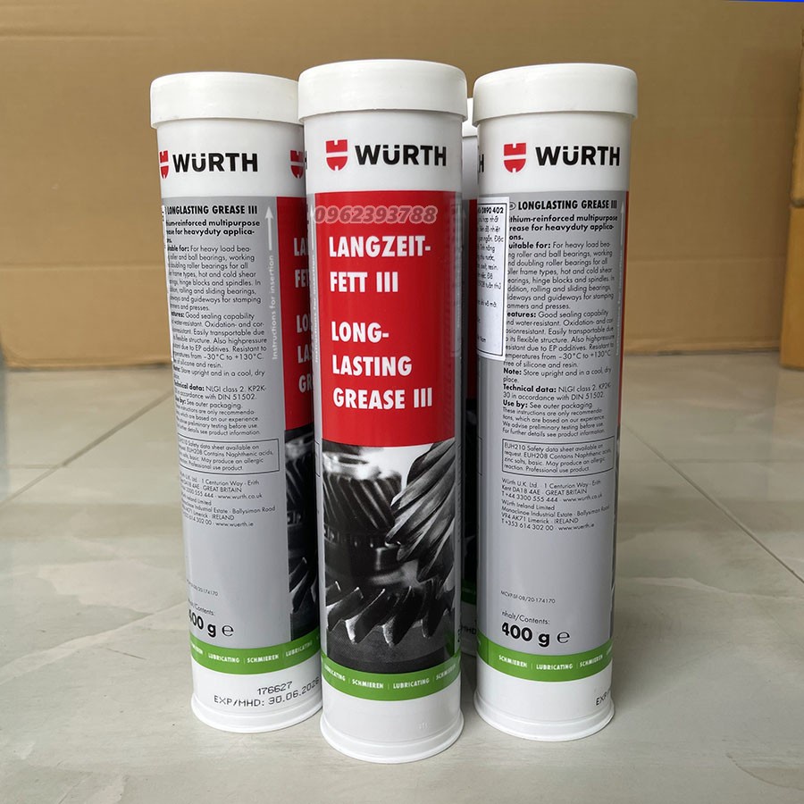 Mỡ Bò Wurth Long-Lasting Grease III. Bôi trơn bạc đạn vòng bi trục bánh răng cao cấp