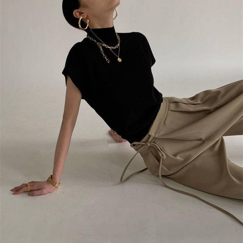 Áo Thun Dệt Kim Cổ Cao Tay Cộc Dáng Rộng Thời Trang Xuân Hè Cho Nữ