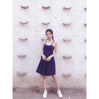 Đầm mini 2 dây xòe đan dây lưng