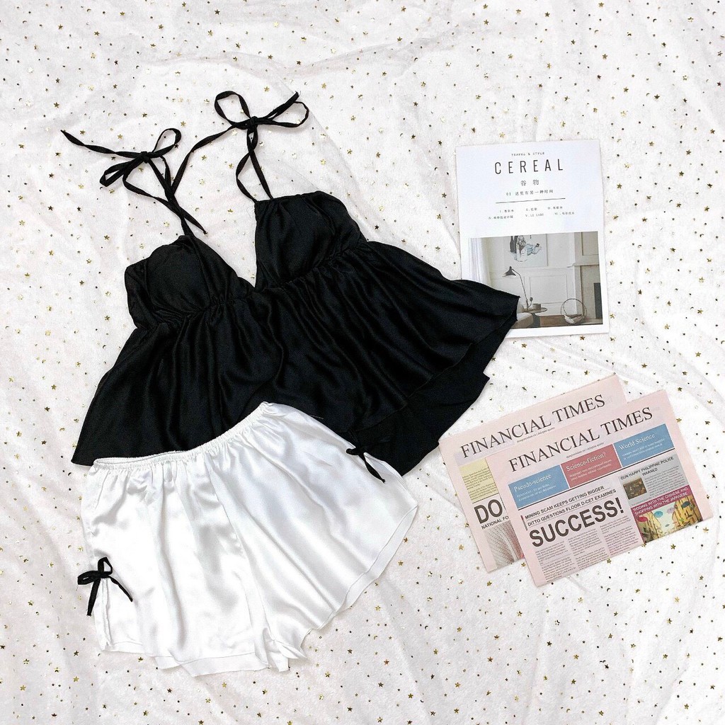 Set đùi 2 dây áo lụa satin màu - quần trắng siêu xinh form 40-56kg | BigBuy360 - bigbuy360.vn