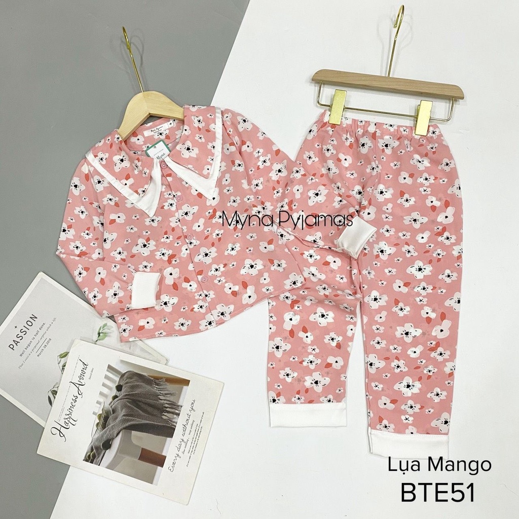 Quần áo trẻ em pijama bé gái tay dài quần dài cổ nhọn, chất lụa Mango, ảnh chụp thật
