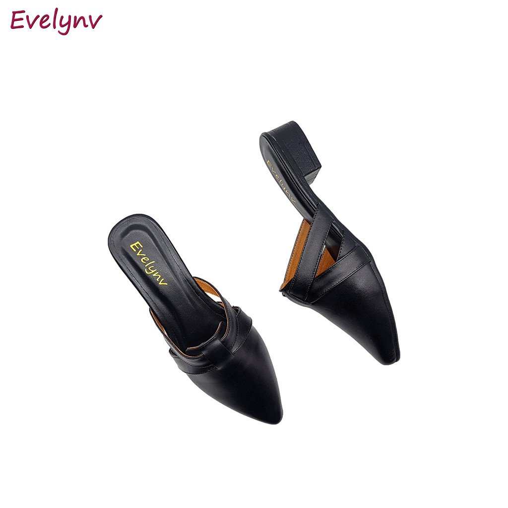 Giày Sabo Nữ Giày Cao Gót Đế Vuông Da Bò Thật Cực Mềm Gót Cao 3cm Evelynv 3P4916 (Đen)