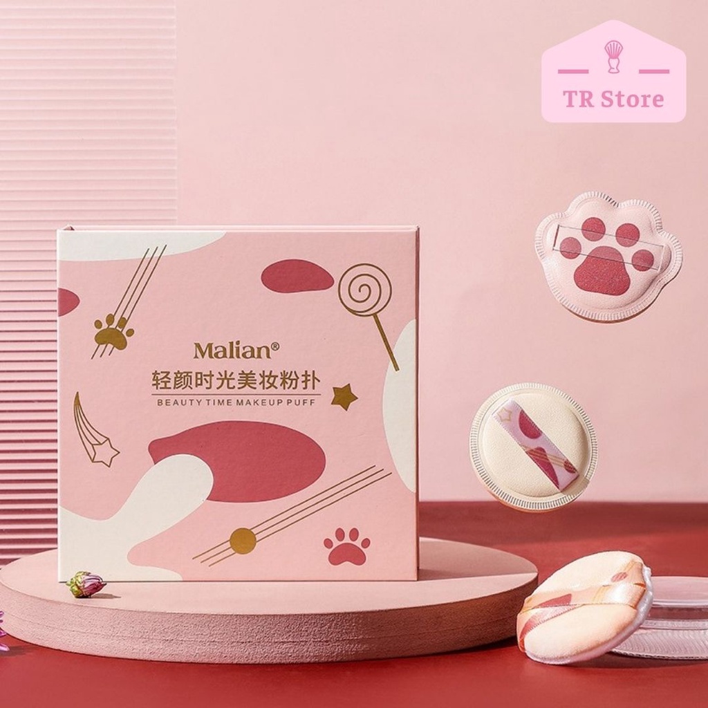 Bộ quà tặng mút trang điểm đánh phấn nền, phấn phủ và cushion 4 món Malian chủ đề mùa xuân hồng