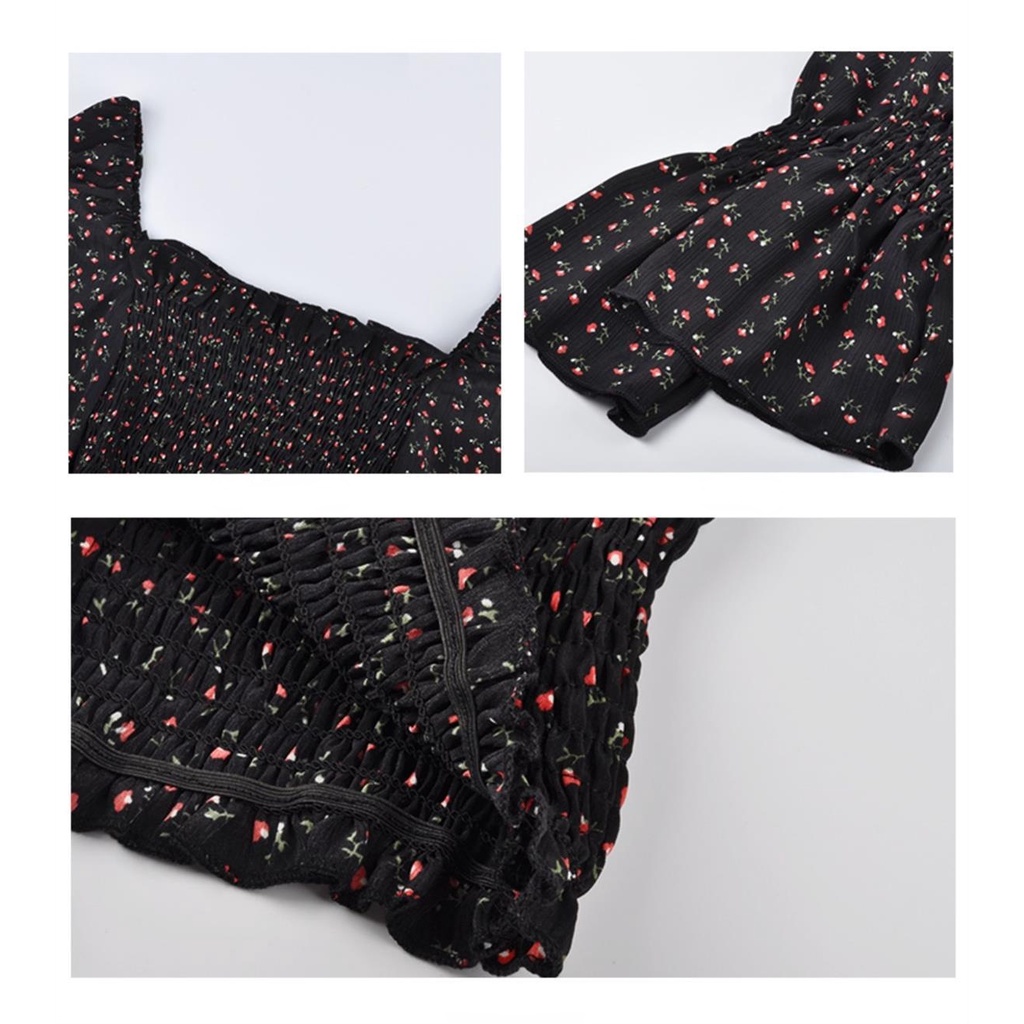 AMOI Áo Voan Cổ Vuông Họa Tiết Hoa Nhỏ Phong Cách Pháp Cổ Điển Dành Cho Nữ