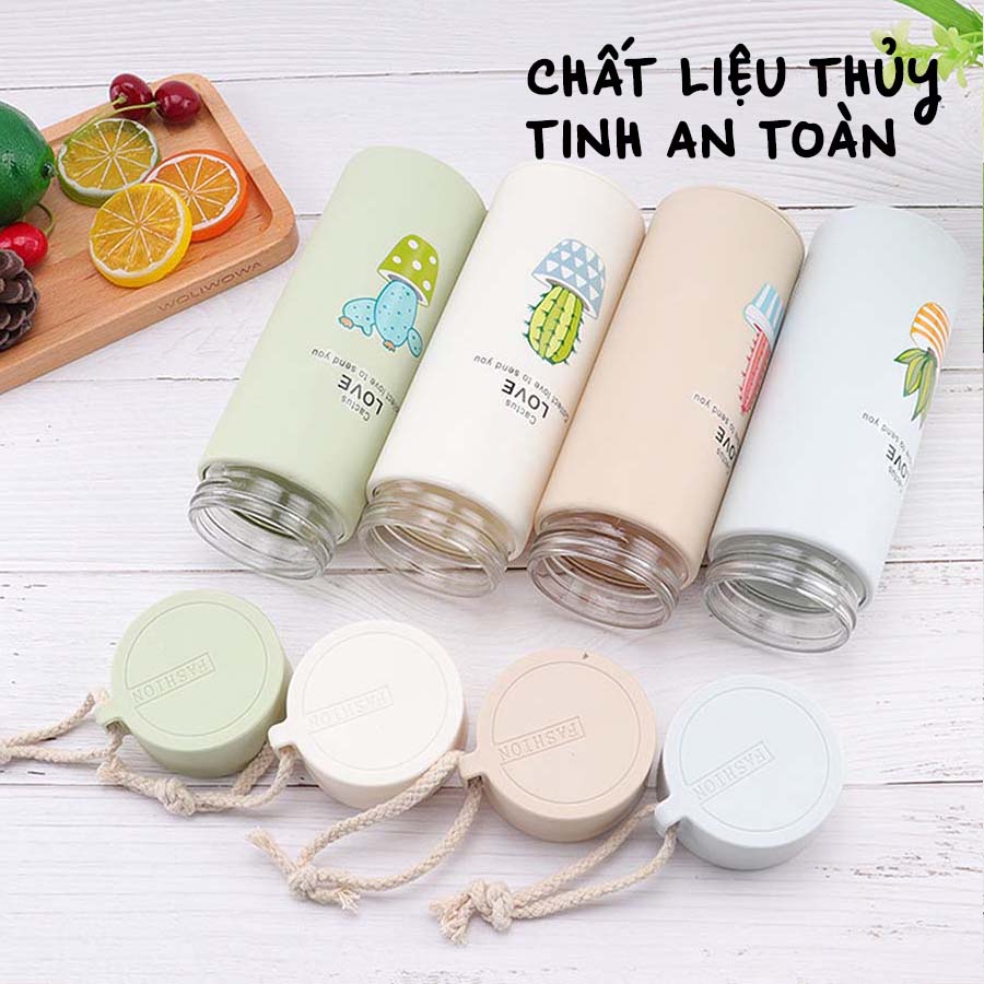 Bình Nước Thủy Tinh Bọc Nhựa 500ml Siêu Nhẹ An Toàn Có Quai Cầm Tiện Lợi BTT008