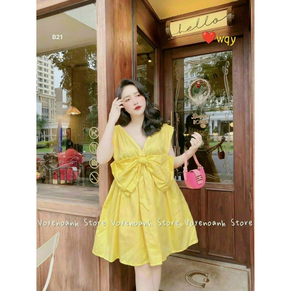 Đầm váy xoè thời trang nữ chất siu cao cấp cổ v tay ngắn có nơ to trước ngực
