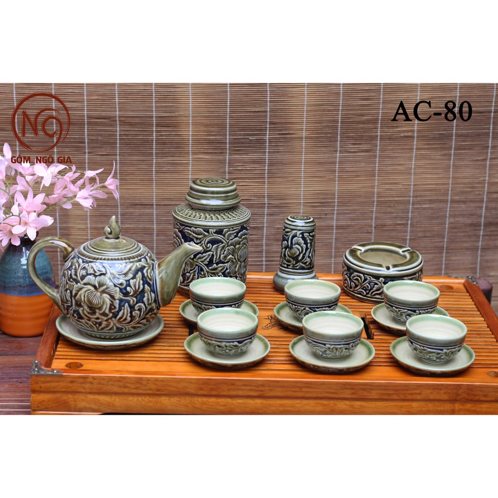 Ấm trà⚡️BÁT TRÀNG⚡️ tách trà Ấm chén men hỏa biến xanh phù dung khắc nổi cao cấp giá rẻ AC-80