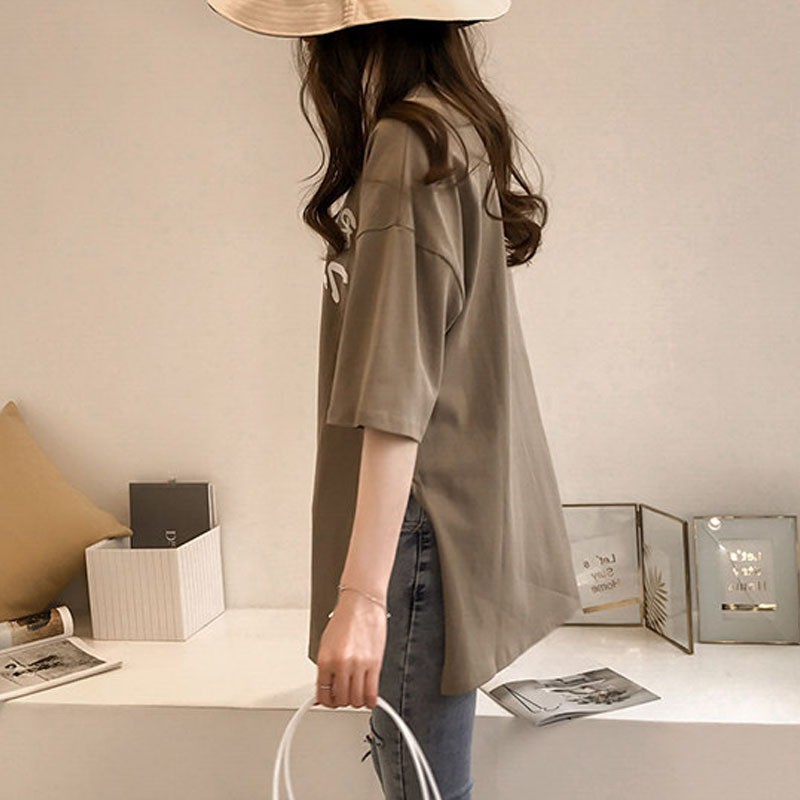 Áo thun tay lỡ cổ tròn hoạ tiết chữ thiết kế dáng rộng thoải mái