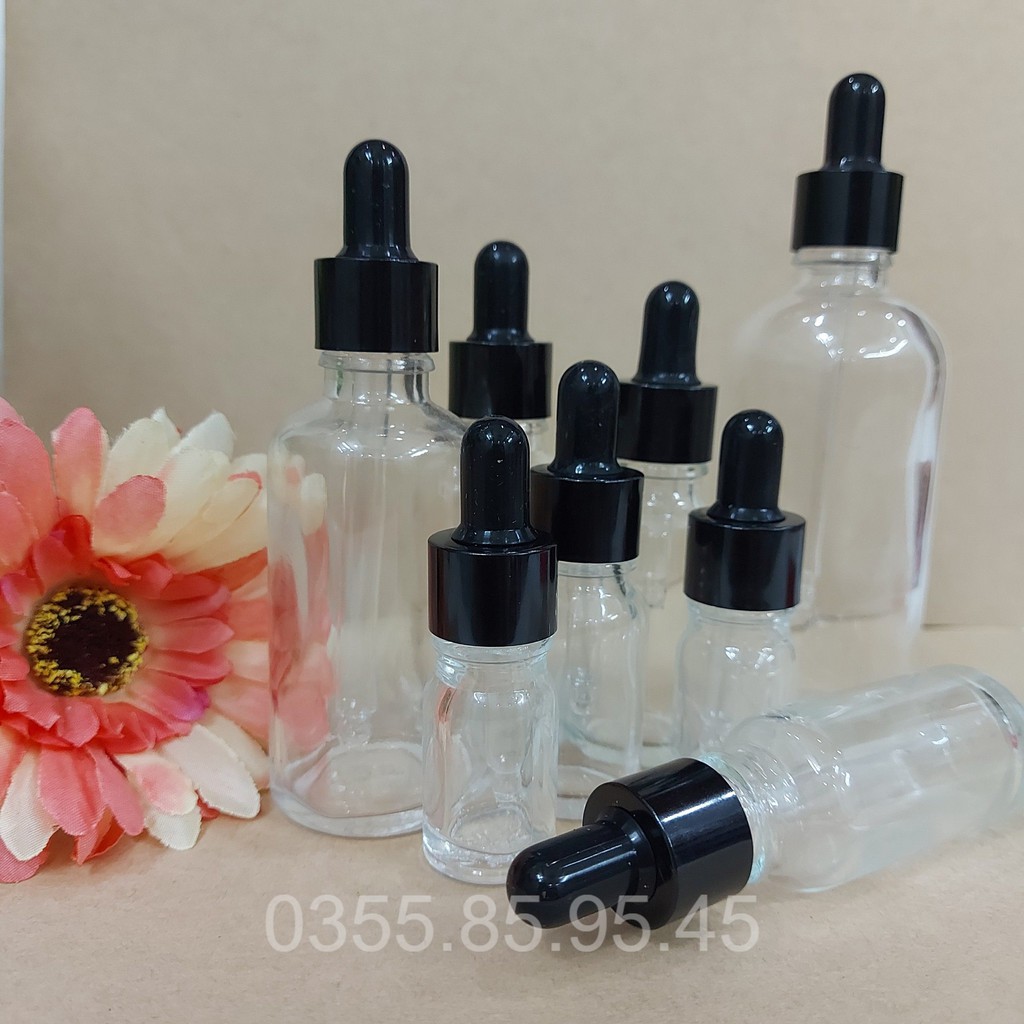 Chai thủy tinh rỗng TRONG nắp bóp ĐEN 5ml / 10ml / 20ml / 30ml / 50ml / 100ml , chai chiết serum mỹ phẩm du lịch