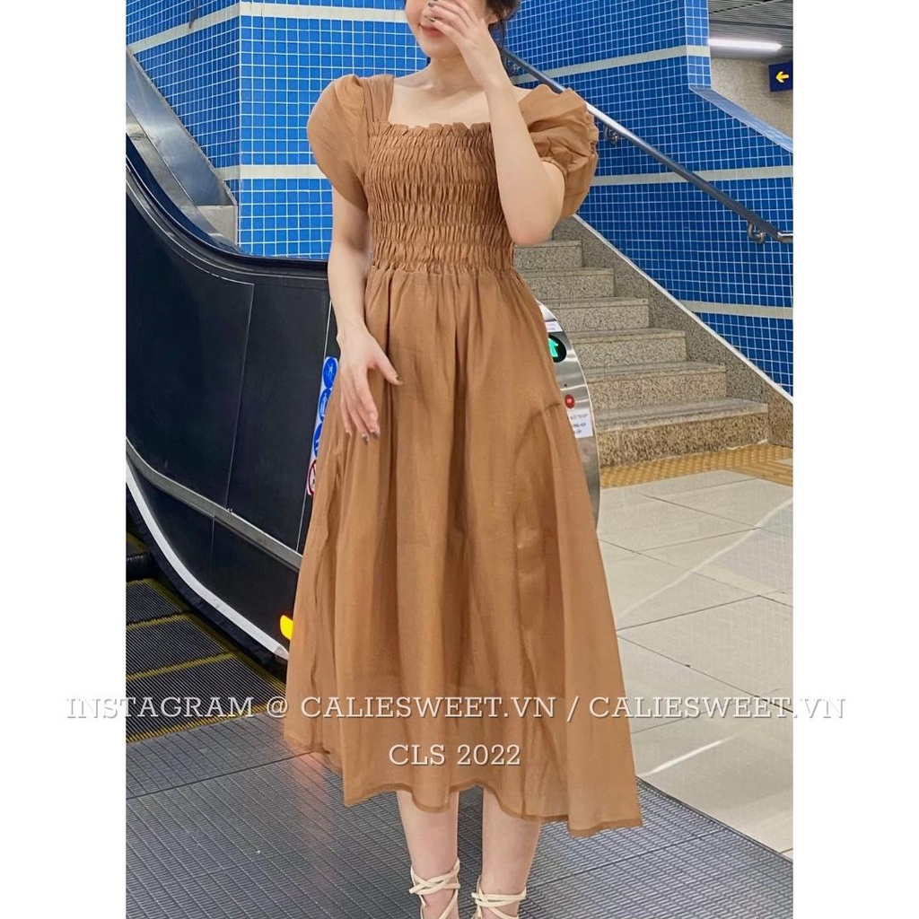 Váy babydoll tay phồng Caliesweet váy tiểu thư dáng dài 2 lớp chất tơ mềm