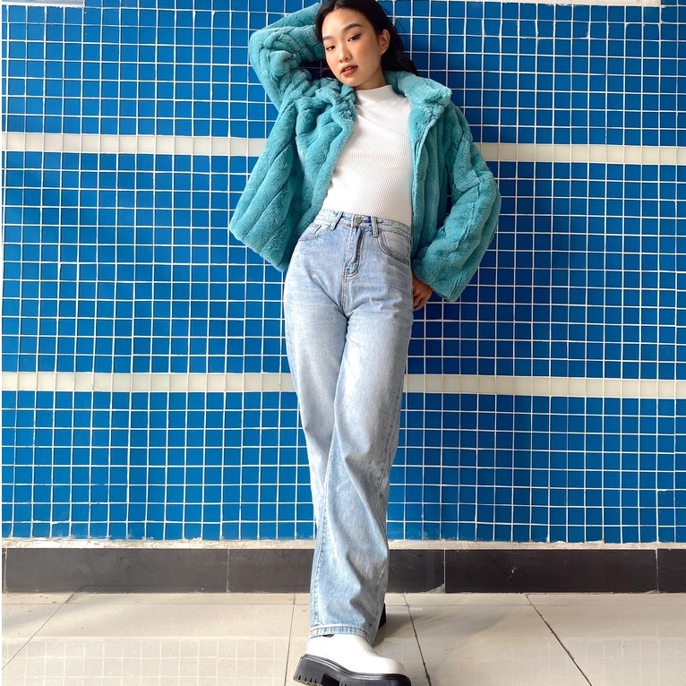Quần bò jeans cạp cao chỉ nổi ống suông mài nhẹ Mia Ritta J464 ảnh thật