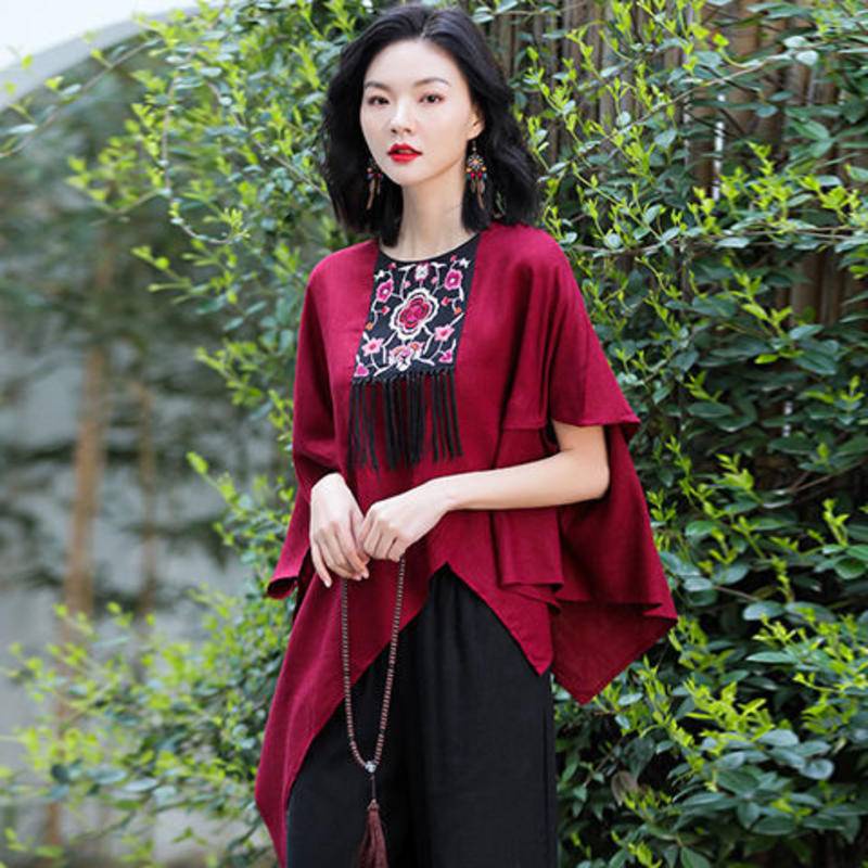 Áo Thun cotton Lanh Dáng Rộng Thêu Họa Tiết Thổ Cẩm Thời Trang Cho Nữ