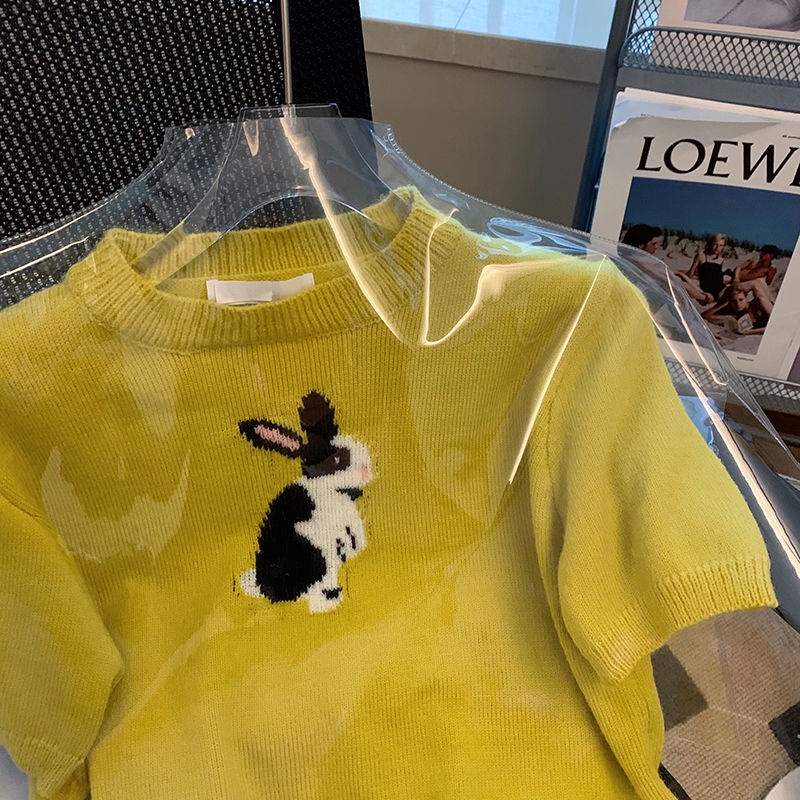 Áo Sweater Dệt Kim Tay Ngắn In Hình Thỏ Vàng Dễ Thương Cho Nữ  tao bao