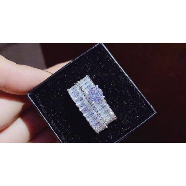 Nhẫn kép đá nhân tạo siêu siêu sáng bạc mạ vàng trắng (xi kim cao cấp)