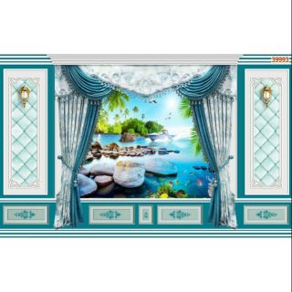 Tranh rèm cửa kết hợp phào chỉ dán tường 3D
