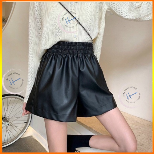 Quần Short Da Nữ Cạp Cao Lưng Chun Co Dán Phong Cách Retro Thời Thượng, Cá Tính Màu Đen