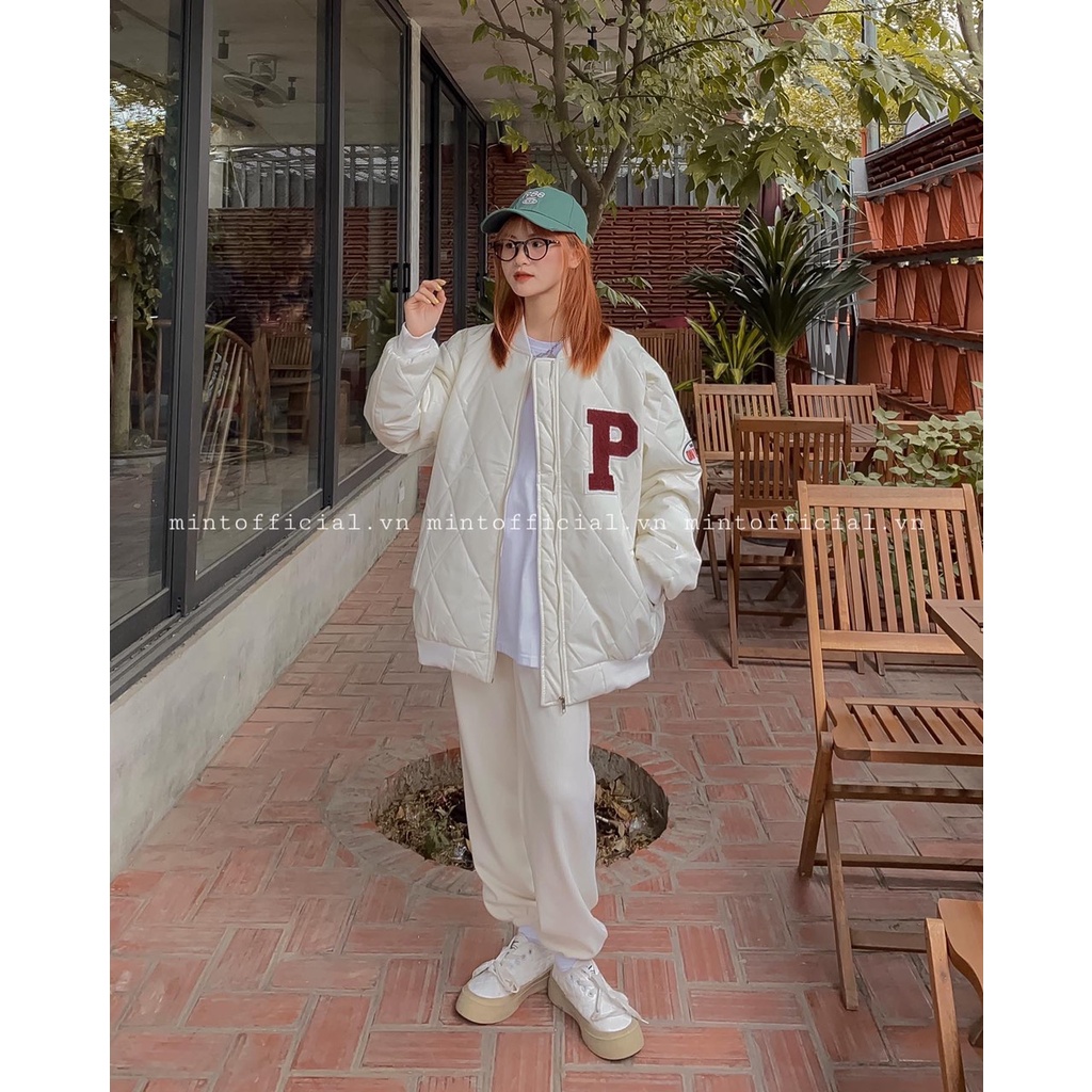 Áo bomber trần phao chữ P thêu nổi