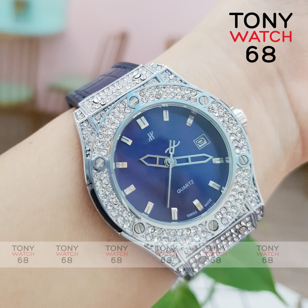 Đồng hồ nữ HULO mặt xanh dây cao su giả da mặt đính đá pha lê chống nước chính hãng Tony Watch 68 -Hàng nhập khẩu