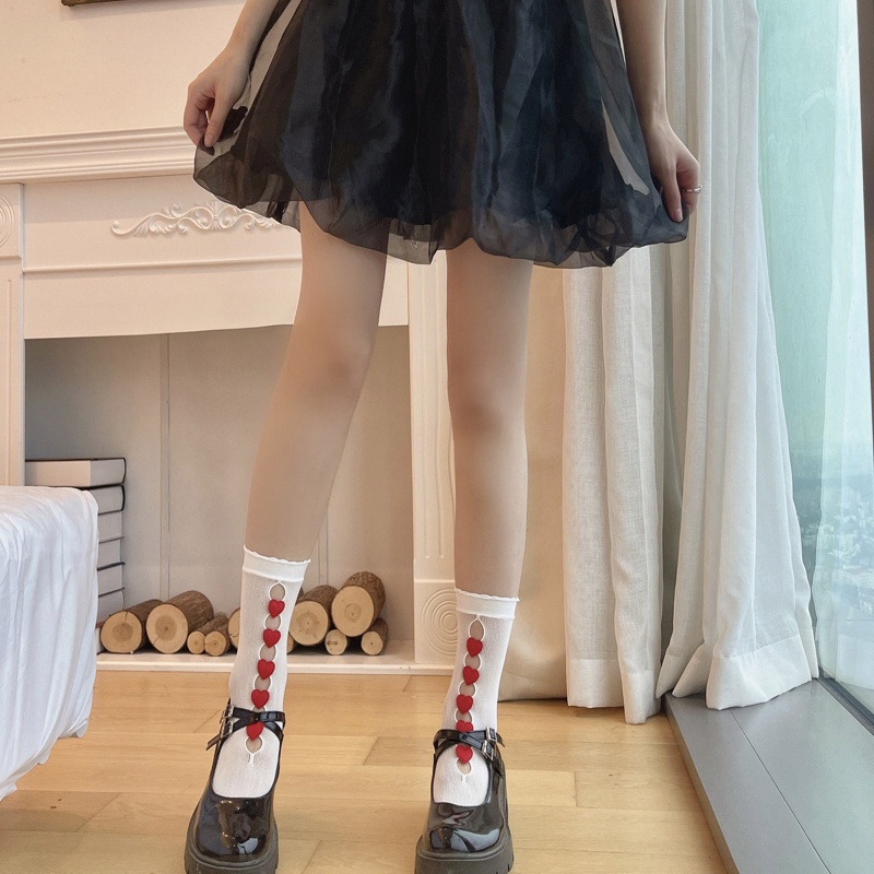 Tất Lưới Rỗng Họa Tiết Trái Tim 3D Phong Cách Lolita Nhật Bản Cho Nữ