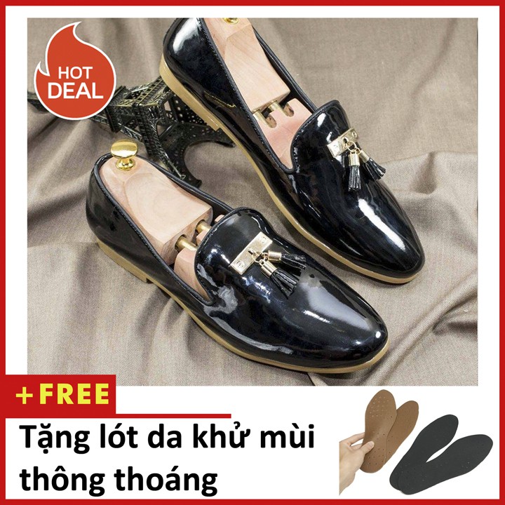 Giày Lười Nam Đẹp Đế Khâu Chuông Vàng Da Bóng Màu Đen Phong Cách Hàn Quốc - M124-BONG (L)