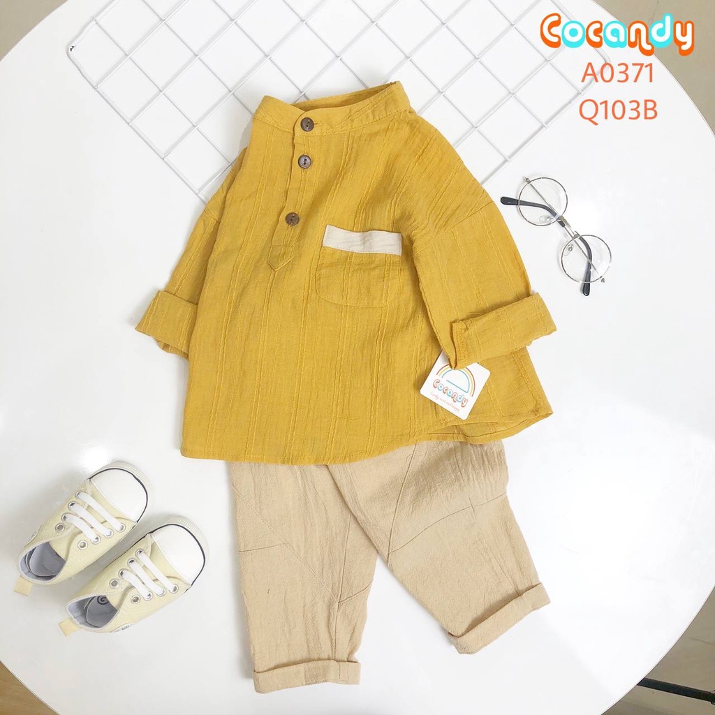 Set đồ cho bé -Áo dài VÀNG cổ tàu và Quần dài be Đậm mã A0371, Q103B