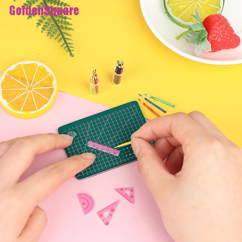 [Golden] 1Set 1:12 Scale Dollhouse Miniature Cutting Mat Ruler Pencil Pen Holder Model