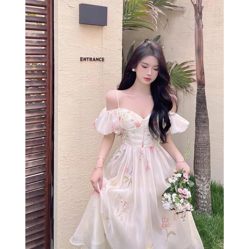 Đầm 2 dây voan hoa bẹt vai