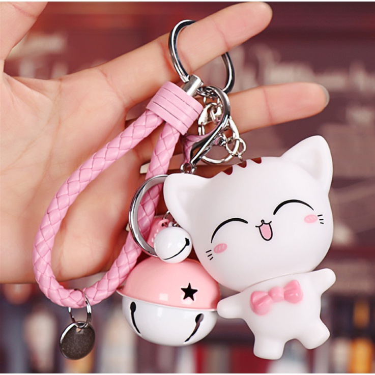 Móc khóa nhân vật hoạt hình mèo nơ đen nơ hồng treo balo xe máy móc khóa quà tặng lưu niệm đáng yêu kèm dây và chuông